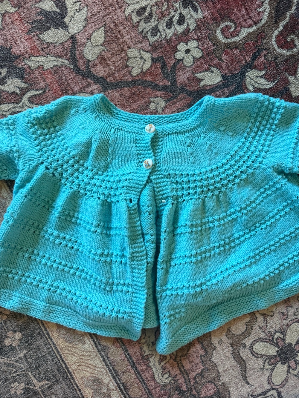 Handknit Baby Cardigan in Aqua Teal Peter rabbit buttons